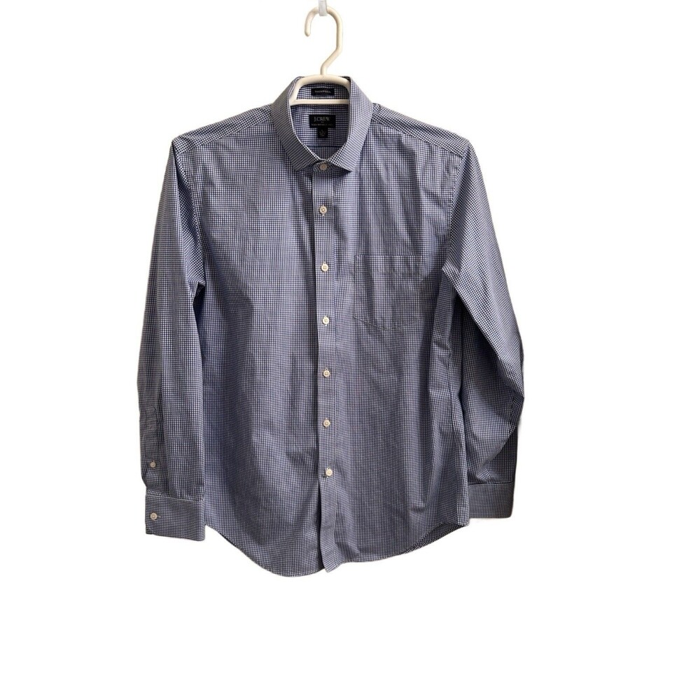 J Crew Flex Wrinkle Free Thompson Men's Blue Check Dress Shirt Sz L 16-16.5